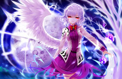 Rule 34 | 1girl, artist name, aura, bad id, bad pixiv id, bow, bowtie, braid, breasts, brooch, cowboy shot, dress, feathered wings, french braid, head tilt, highres, jewelry, kishin sagume, long sleeves, looking at viewer, medium breasts, moon, nail polish, parted lips, purple dress, red bow, red bowtie, red eyes, red nails, sheya, short hair, signature, silver hair, single wing, smile, solo, standing, thighs, touhou, white wings, wing collar, wings, yin yang