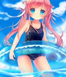 Rule 34 | 1girl, amashiro natsuki, bad id, bad pixiv id, blue eyes, cloud, day, hair ribbon, long hair, looking at viewer, nachi, one-piece swimsuit, original, partially submerged, pink hair, ribbon, school swimsuit, sky, solo, swimsuit, twintails, wading, water, wet