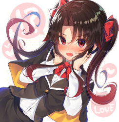 Rule 34 | !?, 1girl, black cape, black skirt, black vest, blush, bow, brown hair, cape, collared shirt, commentary request, dress shirt, english text, fang, gradient hair, gyozanuko, hair between eyes, hair bow, hands on own face, hands up, heart, heart-shaped pupils, highres, multicolored cape, multicolored clothes, multicolored hair, nose blush, open mouth, orange cape, red bow, red eyes, red hair, ryuuou no oshigoto!, shirt, skirt, solo, spoken heart, spoken interrobang, symbol-shaped pupils, twintails, two-sided cape, two-sided fabric, vest, white background, white shirt, yashajin ai