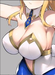 Rule 34 | 1girl, artoria pendragon (all), artoria pendragon (fate), artoria pendragon (swimsuit ruler) (fate), bad id, bad pixiv id, blonde hair, blue neckwear, blue pantyhose, breasts, cleavage, collarbone, commentary, detached collar, fate/grand order, fate (series), green eyes, grey background, head out of frame, highres, large breasts, leotard, long hair, navel, nichigeckoh, pantyhose, parted lips, playboy bunny, simple background, solo