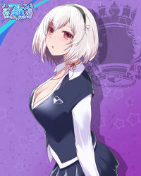 Rule 34 | 1girl, alternate costume, azur lane, breasts, brown eyes, choker, cleavage, commentary request, from side, hair between eyes, hairband, highres, long sleeves, looking at viewer, looking to the side, parted lips, pleated skirt, royal navy emblem (azur lane), ru-ne, school uniform, shirt, short hair, sidelocks, simple background, sirius (azur lane), skirt, solo, translation request, vest, white hair