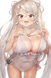 Rule 34 | 1girl, blonde hair, blush, breasts, brown eyes, cleavage, collarbone, conte di cavour (kancolle), cosplay, cowboy shot, earrings, highres, jewelry, kantai collection, large breasts, long hair, o-ring, o-ring swimsuit, one-piece swimsuit, open mouth, sagiri (kancolle), sagiri (kancolle) (cosplay), simple background, smile, solo, swimsuit, toka (marchlizard), two side up, white background, white one-piece swimsuit