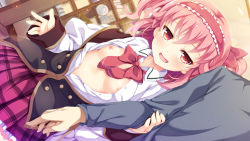 Rule 34 | 1boy, 1girl, artist request, blush, breasts, escude, fall in love x 4 tune, game cg, hair ornament, hairband, headband, looking at viewer, meira (fall in love x 4 tune), open mouth, pink hair, ribbon, short hair, skirt, small breasts