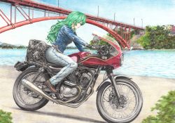 Rule 34 | 1girl, alternate costume, black gloves, blue sky, bridge, brown footwear, colored pencil (medium), commentary request, day, denim, from side, gloves, green eyes, green hair, jacket, jeans, kochiya sanae, lamppost, leather, leather gloves, leather jacket, lips, long hair, looking to the side, motor vehicle, motorcycle, outdoors, pants, profile, red pond, sky, solo, touhou, traditional media, very long hair, water, yamaha