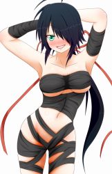 Rule 34 | 10s, 1girl, ahoge, amezuku, armpits, arms behind head, arms up, bandages, black hair, blush, breasts, collarbone, commentary request, cowboy shot, female focus, green eyes, hair over one eye, hair ribbon, highres, kako (kancolle), kako kai ni (kancolle), kantai collection, large breasts, long hair, looking at viewer, messy hair, naked bandage, navel, open mouth, ponytail, ribbon, simple background, smile, solo, underboob, white background