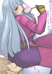 Rule 34 | 1boy, 1girl, candy, garyou, kula diamond, lollipop, long hair, sitting, sitting on face, sitting on person, text focus, the king of fighters, translation request