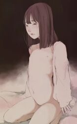 Rule 34 | 1girl, bottomless, brown eyes, brown hair, closed mouth, expressionless, flat chest, full body, groin, highres, jacket, long sleeves, looking at viewer, medium hair, navel, nipples, no bra, no panties, nude, off shoulder, open clothes, open jacket, original, otohime (youngest princess), seiza, sitting, sleeves past wrists, solo, thighs