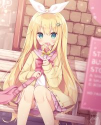 Rule 34 | 1girl, bag, bench, blonde hair, blue eyes, blurry, blurry foreground, blush, bow, bowtie, brick wall, buttons, candy, cardigan, covering own mouth, depth of field, dutch angle, feet out of frame, food, hair ornament, hair ribbon, hairband, hairclip, highres, holding, holding candy, holding food, holding lollipop, hoshi (snacherubi), knees together feet apart, lollipop, long hair, long sleeves, looking at viewer, miniskirt, on bench, original, outdoors, panties, pantyshot, pink sailor collar, pink skirt, pleated skirt, red bow, red bowtie, ribbon, sailor collar, school uniform, serafuku, shoulder bag, signature, sitting, skirt, sleeves past wrists, solo, star (symbol), star hair ornament, swirl lollipop, underwear, very long hair, white panties, white ribbon