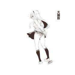 Rule 34 | 1girl, character request, chinese text, ejami, greyscale, long hair, monochrome, panties, simple background, socks, solo, underwear, white background