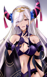 Rule 34 | 1girl, bare shoulders, breasts, cleavage, commentary request, fire emblem, fire emblem engage, grey hair, horns, kirishima riona, large breasts, navel, nintendo, pointy ears, purple eyes, solo, stomach, upper body, zephia (fire emblem)