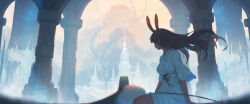 Rule 34 | 1girl, absurdres, animal ears, brown hair, building, crystal, dress, highres, jewelry, long hair, necklace, original, palace, rabbit ears, rabbit girl, scenery, sitting, solo, white dress, yao ren gui