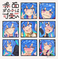 Rule 34 | 1girl, :t, @ @, ^ ^, blowing kiss, blue eyes, blue hair, blush, clenched teeth, closed eyes, crossed bangs, double v, drooling, eating, embarrassed, expression chart, grin, hands up, highres, long hair, monmonmur, nose blush, pink eyes, purple shirt, sharp teeth, shirt, smile, sweatdrop, tearing up, teeth, translation request, twin turbo (umamusume), twitter username, umamusume, v, v-shaped eyebrows, white shirt