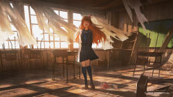 Rule 34 | 1girl, brown hair, chair, curtains, closed eyes, full body, hair ornament, highres, hololive, hololive error, indoors, official art, open mouth, reoen, school chair, school uniform, skirt, solo, star (symbol), star hair ornament, tokino sora, torn curtains, virtual youtuber, watermark