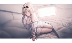Rule 34 | 1girl, absurdres, an-94 (girls&#039; frontline), bed, bed sheet, black hairband, blonde hair, blue eyes, breasts, cleavage, collared shirt, commentary, curtains, emile aoi, english commentary, girls&#039; frontline, hairband, highres, indoors, long hair, long sleeves, looking at viewer, medium breasts, naked shirt, no pants, off shoulder, on bed, open clothes, pillow, shirt, smile, solo, thighs, white shirt, window