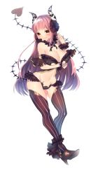 Rule 34 | 1girl, bad id, bad pixiv id, bare shoulders, blush, breasts, cleavage, demon girl, demon tail, detached collar, detached sleeves, gluteal fold, groin, high heels, highres, horns, large breasts, long hair, looking at viewer, mudi shime, navel, original, pink hair, simple background, smile, solo, striped clothes, striped thighhighs, tail, thighhighs, vertical-striped clothes, vertical-striped thighhighs, white background, yellow eyes