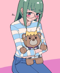 Rule 34 | 1girl, blonde hair, blue eyes, blue pants, blue shirt, blush, blush stickers, bright pupils, carly nagisa, denim, glasses, green hair, hands up, highres, hugging doll, hugging object, ishinonono, jack atlas, jeans, looking down, pants, pink background, round eyewear, serious, shirt, sidelocks, simple background, smile, spiked hair, striped clothes, striped shirt, stuffed animal, stuffed toy, teddy bear, upper body, white pupils, yu-gi-oh!, yu-gi-oh! 5d&#039;s