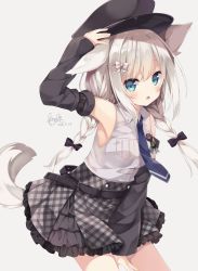 Rule 34 | 1girl, :o, animal ears, arm up, bare shoulders, between legs, black bow, black hat, blue necktie, blush, bow, braid, collared shirt, commentary request, dated, detached sleeves, dog ears, dog girl, dog tail, dress shirt, green eyes, grey background, grey bow, grey shirt, grey skirt, hair between eyes, hair bow, hair ornament, hairclip, hand between legs, hat, hoshi (snacherubi), long hair, long sleeves, looking at viewer, low twintails, necktie, open mouth, original, peaked cap, plaid, plaid skirt, pleated skirt, shirt, signature, silver hair, simple background, skirt, sleeves past wrists, solo, tail, twin braids, twintails, very long hair