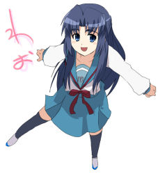 Rule 34 | 00s, 1girl, :d, asakura ryouko, black thighhighs, blue eyes, blue hair, blue skirt, bow, from above, full body, half updo, long hair, long sleeves, looking at viewer, looking up, matching hair/eyes, neck ribbon, open mouth, outstretched arms, ribbon, school uniform, serafuku, shoes, simple background, skirt, smile, socks, solo, spread arms, suzumiya haruhi no yuuutsu, thighhighs, u-ka (pixiv5407), uwabaki, white background
