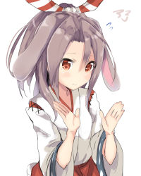 Rule 34 | 10s, 1girl, amano kouki, animal ears, blush, brown eyes, rabbit ears, rabbit tail, flying sweatdrops, hachimaki, hair between eyes, headband, high ponytail, highres, japanese clothes, kantai collection, light brown hair, long hair, looking at viewer, ponytail, simple background, solo, tail, white background, wide sleeves, zuihou (kancolle)