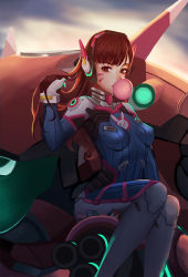 Rule 34 | 1girl, bodysuit, breasts, brown eyes, brown hair, blowing bubbles, chewing gum, d.va (overwatch), facial mark, gloves, hair flip, hand in own hair, headphones, highres, knees together feet apart, long hair, looking at viewer, mecha, meka (overwatch), overwatch, overwatch 1, pilot suit, robot, sitting, sitting on object, small breasts, solo, swept bangs, tazoo (yuicc930), whisker markings, white gloves