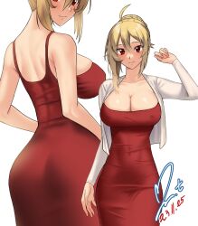 Rule 34 | 1girl, ahoge, angelica rapha redgrave, ass, blonde hair, braid, braided bun, breasts, cleavage, commission, covered erect nipples, covered navel, cowboy shot, dated, dress, from behind, hair bun, highres, jacket, large breasts, long hair, multiple views, open clothes, open jacket, otome game sekai wa mob ni kibishii sekai desu, pixiv commission, red dress, red eyes, signature, simple background, smile, white background, white jacket, yoo tenchi