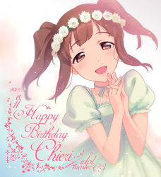 Rule 34 | 10s, 1girl, :d, bad id, bad pixiv id, birthday, brown eyes, brown hair, choker, dress, english text, flower, own hands clasped, happy birthday, head wreath, idolmaster, idolmaster cinderella girls, jumping dogeza, ogata chieri, open mouth, own hands together, puffy short sleeves, puffy sleeves, short sleeves, smile, solo, twintails