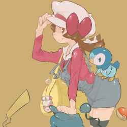 Rule 34 | 00s, 1girl, bag, brown eyes, brown hair, cabbie hat, cameo, creatures (company), game freak, gen 1 pokemon, gen 2 pokemon, gen 4 pokemon, hat, hat ribbon, lyra (pokemon), marill, nintendo, overalls, pikachu, piplup, poke ball, poke ball (basic), pokegear, pokemon, pokemon (creature), pokemon hgss, red ribbon, ribbon, smile, thighhighs, twintails, yuuki (irodo rhythm)