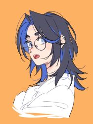 Rule 34 | 1girl, alternate costume, blue eyes, blue hair, brmameng, commentary, english commentary, fangs, glasses, highres, hololive, hololive english, looking at viewer, medium hair, open mouth, orange background, ouro kronii, simple background, solo, teeth, tongue, upper body, virtual youtuber