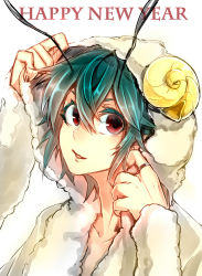 Rule 34 | 1girl, absurdres, animal costume, antennae, bifrst, collarbone, green hair, happy new year, highres, jewelry, looking at viewer, new year, red eyes, ring, sheep costume, short hair, simple background, solo, touhou, upper body, white background, wriggle nightbug