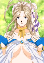 Rule 34 | 1girl, aa megami-sama, bare shoulders, belldandy, blue eyes, bracelet, breasts, brown hair, facial mark, forehead mark, gloves, highres, jewelry, joy division, large breasts, long hair, necklace, no bra, ring, see-through, solo, underboob