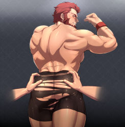Rule 34 | 2boys, ass, back, bad id, bad pixiv id, bara, beard, biceps, black shorts, blush, facial hair, fate/grand order, fate/zero, fate (series), flexing, groping, hand on another&#039;s ass, iskandar (fate), looking back, male focus, mature male, multiple boys, muscular, muscular male, protected link, red eyes, red hair, seductive smile, shiny clothes, short hair, shorts, shunta (syunta 87), smile, solo focus, taut clothes, taut shorts, teeth, thick thighs, thighs, topless male, torn clothes, torn shorts, wristband