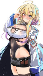 Rule 34 | 1girl, ahoge, arm at side, azur lane, black shorts, blonde hair, blue eyes, blush, breast tattoo, breasts, center opening, cleavage cutout, clothing cutout, commentary request, covered navel, from side, gradient hair, grin, groin, gyaru, hey taisyou, highres, id card, large breasts, looking at viewer, applying manicure, marblehead (azur lane), multicolored hair, navel, navel piercing, piercing, purple hair, short hair with long locks, shorts, sidelocks, sketch, smile, solo, standing, tattoo