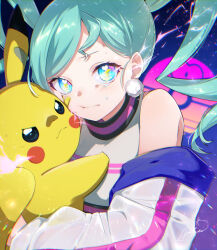 Rule 34 | 1girl, aka tonbo (lililil), aqua hair, bare shoulders, black eyes, blue eyes, blush, closed mouth, creature, creatures (company), earrings, electricity, game freak, gen 1 pokemon, hatsune miku, holding, holding creature, jacket, jewelry, lightning bolt-shaped pupils, long hair, long sleeves, looking at viewer, nintendo, open clothes, open jacket, pikachu, pokemon, pokemon (creature), pom pom (clothes), pom pom earrings, project voltage, shirt, signature, swept bangs, symbol-shaped pupils, tearing up, tears, twintails, vocaloid, volt tackle (vocaloid), white jacket, white shirt