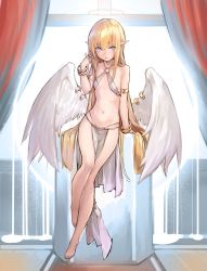 Rule 34 | 1girl, absurdres, angel, angel wings, armlet, bangle, bare legs, barefoot, blonde hair, blue eyes, bracelet, breasts, commentary request, criss-cross halter, deluxe&lt;&lt;&lt;, female focus, full body, twirling hair, halo, halterneck, highres, jewelry, legs together, loincloth, long hair, looking at viewer, midriff, navel, o-ring, o-ring top, original, panties, parted lips, pelvic curtain, pointy ears, sidelocks, small breasts, solo, string panties, underwear, very long hair, white panties, white wings, wings
