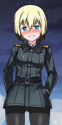 Rule 34 | 1girl, black pantyhose, blonde hair, blue eyes, blush, breasts, brown hair, cameltoe, cleft of venus, erica hartmann, grin, hands in pockets, highres, looking at viewer, military, military uniform, multicolored hair, pantyhose, short hair, small breasts, smile, solo, standing, strike witches, uniform, world witches series