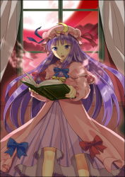 Rule 34 | 1girl, bad id, bad pixiv id, blush, book, bow, crescent, female focus, hat, moon, nakahara (fukufuku), open book, open mouth, patchouli knowledge, purple eyes, purple hair, red sky, sky, solo, standing, touhou, window