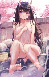 Rule 34 | 1girl, azur lane, bare shoulders, breasts, brown hair, bucket, cherry blossoms, full body, highres, horns, long hair, looking at viewer, medium breasts, naked towel, noshiro (azur lane), oni horns, onsen, panipo, purple eyes, sitting, solo, stone, towel, white towel