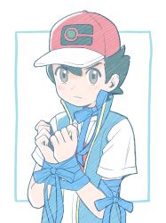 Rule 34 | 1boy, ash ketchum, black hair, blue jacket, blue ribbon, blush, bound, brown eyes, closed mouth, commentary request, creatures (company), framed, frown, game freak, hands up, hat, highres, jacket, looking at viewer, male focus, minato (mntnm), nintendo, own hands together, pokemon, pokemon (anime), pokemon journeys, red hat, ribbon, ribbon bondage, shirt, short hair, short sleeves, sleeveless, sleeveless jacket, solo, t-shirt, upper body, white background, white shirt