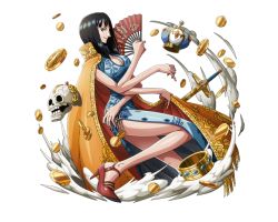 Rule 34 | black hair, blue dress, blue eyes, bodskih, breasts, cleavage, cleavage cutout, clothing cutout, dress, hana hana no mi, hand fan, high heels, holding, holding fan, large breasts, long hair, looking at viewer, nico robin, one piece, one piece treasure cruise, red footwear, shiny skin, shoes, skull, sleeveless, sleeveless dress, solo, sword, transparent background, weapon