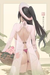 Rule 34 | 1girl, absurdres, ass, ass focus, back, backboob, basket, bikini, black hair, breasts, commentary, curvy, dishwasher1910, facing away, flower, from behind, highres, holding, holding basket, large breasts, long hair, lotus, median furrow, original, partially submerged, pink bikini, pink headwear, ponytail, see-through, shoulder blades, swimsuit, symbol-only commentary, thighs, thong, water