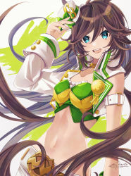 Rule 34 | 1girl, :d, adjusting clothes, adjusting headwear, bare shoulders, blue eyes, brown hair, commentary request, crop top, cropped jacket, green shirt, hachimitsu monte, hair between eyes, hand up, hat, jacket, long hair, long sleeves, looking at viewer, midriff, mini hat, mini top hat, mr. c.b. (umamusume), navel, open mouth, partial commentary, shirt, single sleeve, smile, solo, stomach, strapless, strapless shirt, top hat, umamusume, upper body, very long hair, white background, white hat, white jacket