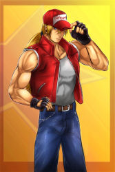 Rule 34 | belt buckle, blonde hair, blue eyes, blue jeans, buckle, fatal fury, fingerless gloves, gloves, jacket, manly, muscular, muscular male, penzoom, ponytail, red cap, red jacket, shirt, smile, snk, terry bogard, the king of fighters, white shirt, zipper