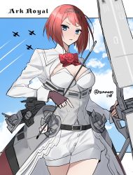 Rule 34 | 1girl, aircraft, airplane, ark royal (kancolle), arrow (projectile), blue eyes, blunt bangs, bob cut, bow (weapon), character name, cleavage cutout, clothing cutout, commentary request, compound bow, corset, fingerless gloves, flight deck, gloves, hairband, highres, holding, ichimonme (ichi), inverted bob, kantai collection, long sleeves, one-hour drawing challenge, overskirt, pantyhose, quiver, red hair, red ribbon, ribbon, short hair, shorts, solo, tiara, weapon, white corset, white shorts
