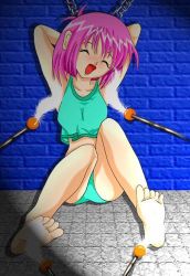 Rule 34 | artist request, barefoot, blush, character request, closed eyes, copyright request, duster, feather duster, feet, green panties, lowres, panties, pink hair, short hair, source request, tagme, tickling, underwear