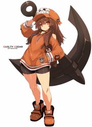 Rule 34 | 1girl, anchor, breasts, brown hair, copyright name, full body, guilty gear, guilty gear strive, hand in pocket, highres, karukan (monjya), legs, long hair, looking at viewer, may (guilty gear), orange headwear, red eyes, shorts, simple background, solo, standing, white background