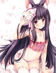 Rule 34 | 1girl, animal ears, arm up, armpits, azur lane, black hair, blush, bra, camisole, cherry blossoms, commentary request, fox ears, hand on mask, jewelry, long hair, mask, mask on head, moekibara fumitake, nagato (azur lane), nagato (great fox&#039;s respite) (azur lane), navel, necklace, panties, red bra, red eyes, red panties, see-through, side-tie panties, sitting, solo, thighhighs, underwear, underwear only, very long hair, white thighhighs
