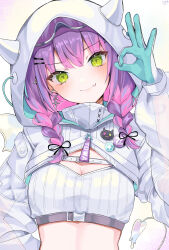 Rule 34 | 1girl, absurdres, bandeau, blush, braid, breasts, cleavage, colored inner hair, colored tips, demon girl, demon tail, demon wings, ear piercing, earrings, fang, fang out, gloves, green eyes, green gloves, hair ornament, hairclip, high collar, highres, hololive, hood, hooded shrug, horned hood, horns, jewelry, long hair, long sleeves, looking at viewer, low twin braids, low twintails, melting tail, midriff, multicolored hair, official alternate costume, official alternate hairstyle, ok sign, piercing, pink hair, puffy long sleeves, puffy sleeves, purple hair, see-through, see-through sleeves, shrug (clothing), skin fang, small breasts, solo, spike piercing, strapless, tail, tokoyami towa, tokoyami towa (5th costume), tube top, twin braids, twintails, upper body, virtual youtuber, white gloves, white shrug, white tube top, wings, xivi9