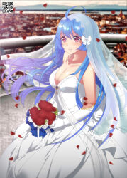 Rule 34 | 1girl, ahoge, azur lane, blurry, blurry background, blush, bouquet, breasts, bridal veil, cleavage, commentary, dress, english commentary, engrish commentary, flower, gloves, helena (azur lane), helena (miracle in white) (azur lane), highres, holding, holding bouquet, long hair, lukmanscootkenn, medium breasts, purple eyes, qr code, red flower, red rose, rose, smile, veil, wedding dress, white dress, white gloves