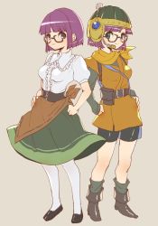 Rule 34 | 2girls, bike shorts, blue eyes, breasts, chrono trigger, closed mouth, full body, glasses, helmet, looking at viewer, lucca ashtear, multiple girls, narita imomushi, pantyhose, purple hair, scarf, short hair, simple background, smile