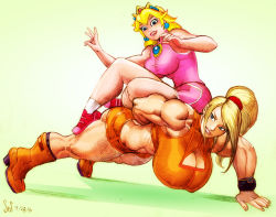 Rule 34 | 2girls, blonde hair, blue eyes, boots, breasts, crop top, exercising, female focus, huge breasts, jed dougherty, large breasts, mario (series), metroid, midriff, multiple girls, muscular, muscular female, nintendo, ponytail, princess peach, push-ups, samus aran, shoes, short shorts, shorts, sitting, sitting on person, sleeveless, sneakers, super smash bros., thick thighs, thighs